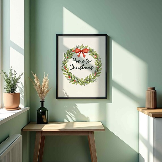 Home for Christmas Wreath Watercolor Holiday Quote Decor Wall Art