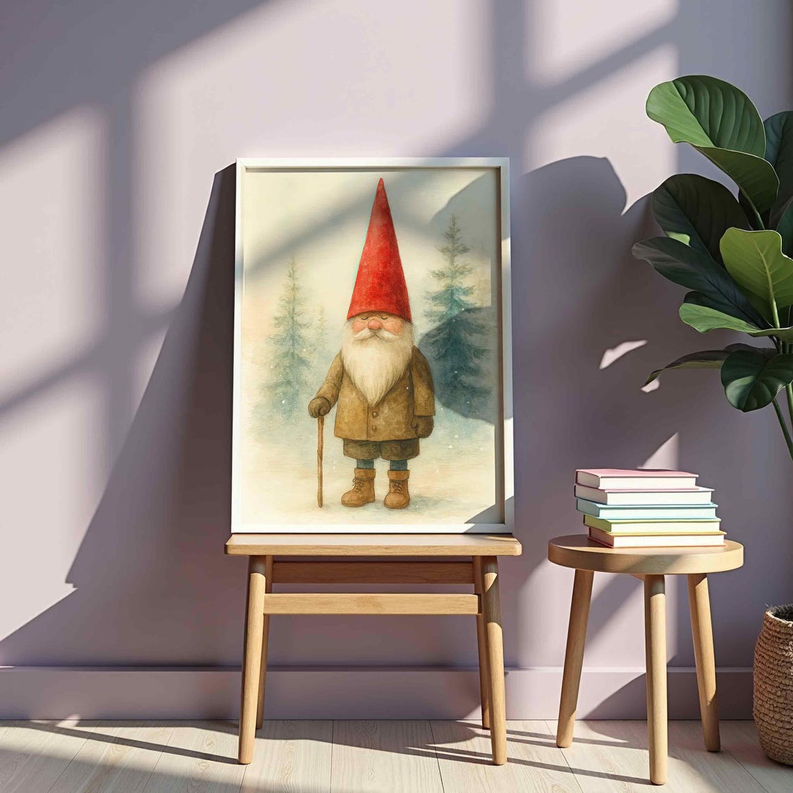 Cute Snowy Forest Gnome Red Hat Watercolor Winter Holiday Poster
