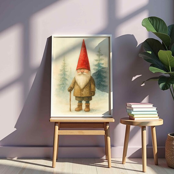 Cute Snowy Forest Gnome Red Hat Watercolor Winter Holiday Poster