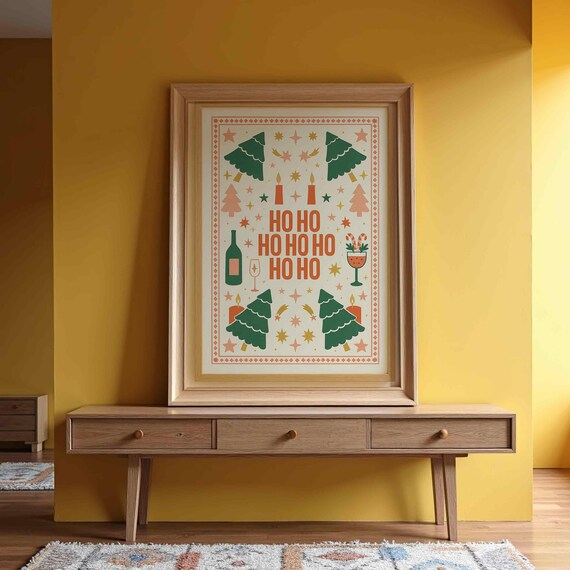 Ho Ho Ho Christmas Trees Wine Candles Retro Holiday Wall Art