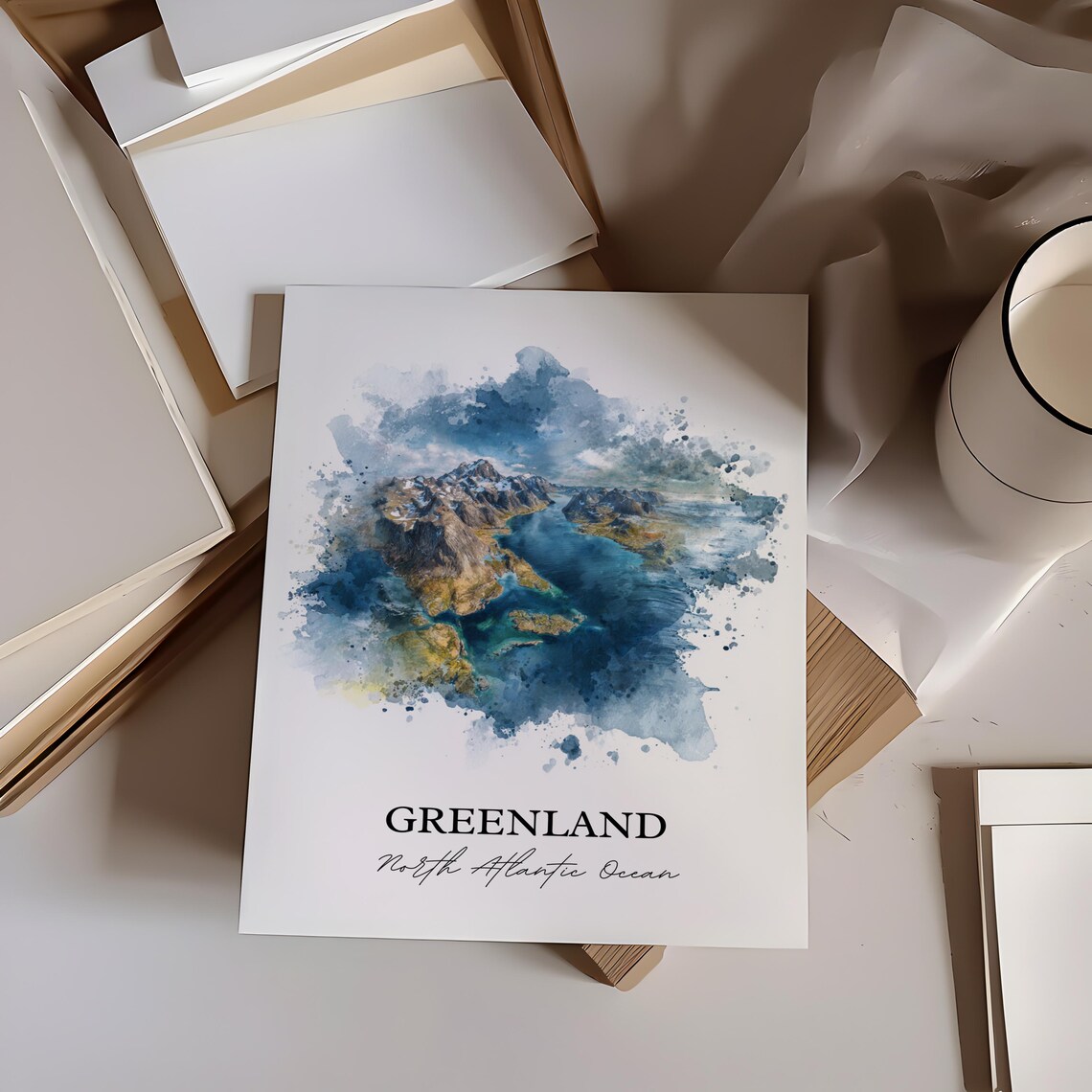 Greenland North Atlantic Rugged Fjords Aerial Watercolor Poster - Image 2