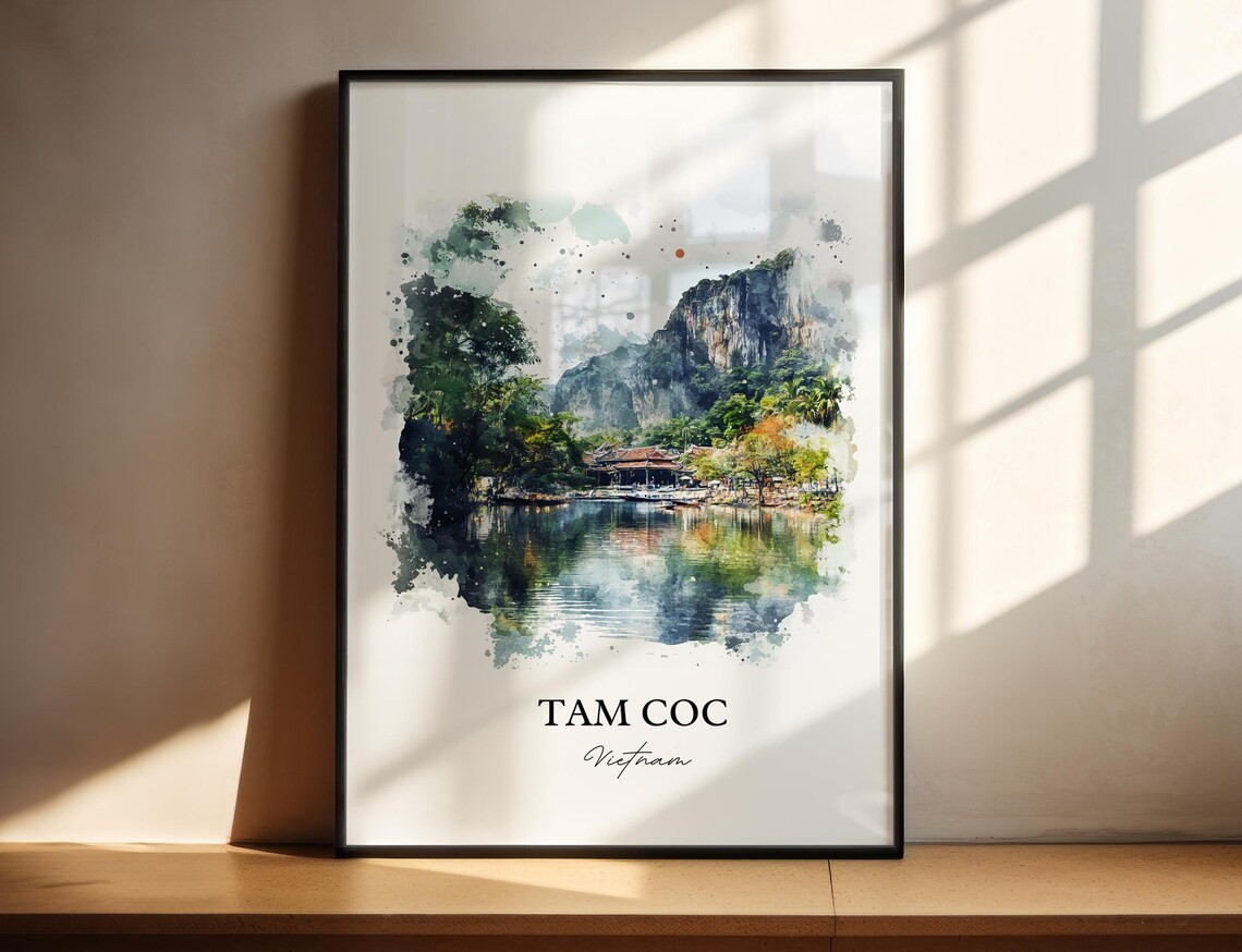 Tam Coc Vietnam Watercolor Karst River Boats Landscape Art Poster