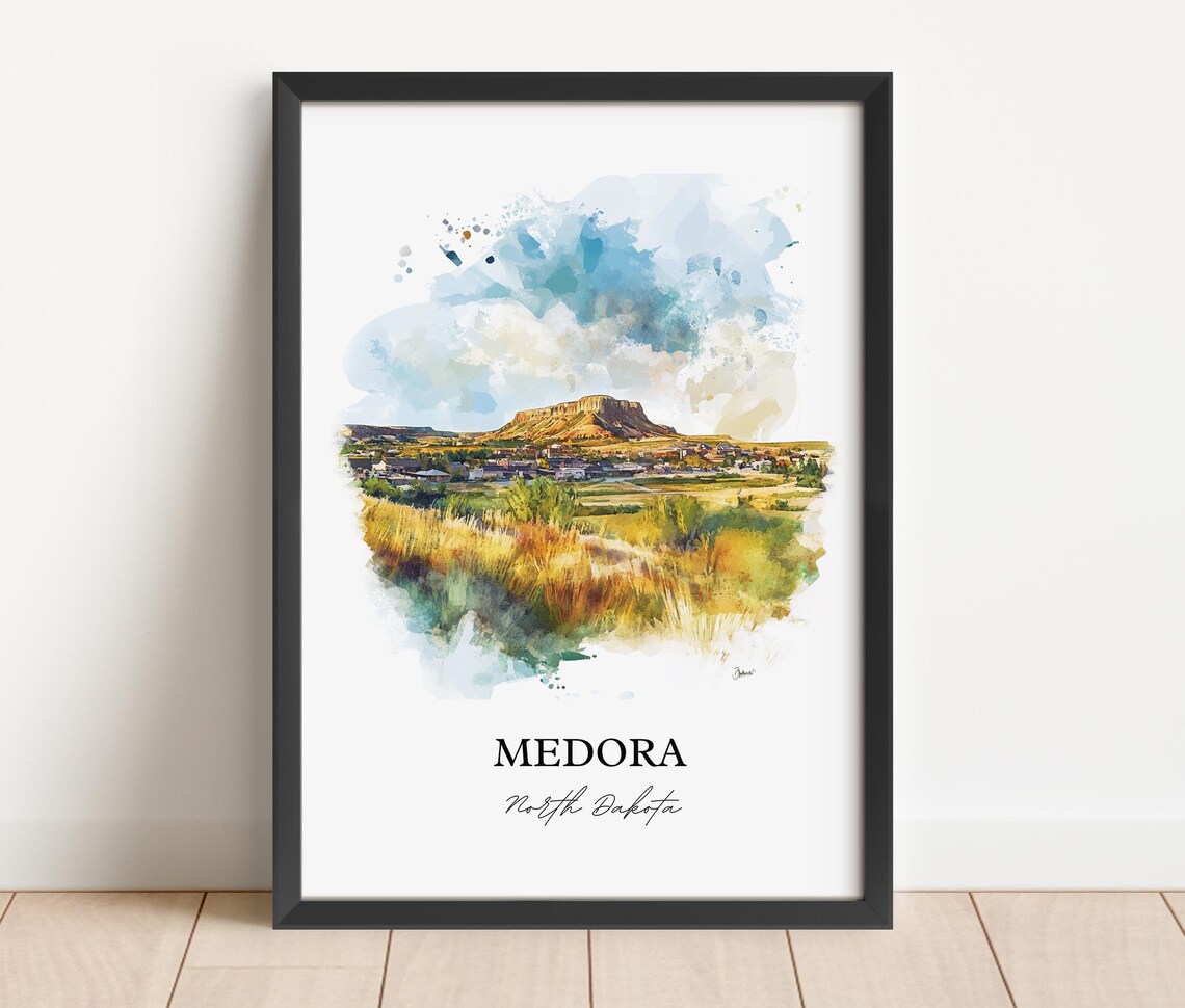 Medora North Dakota Watercolor Badlands Butte Town View Poster - Image 2