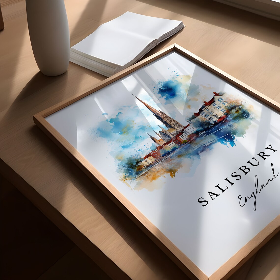Salisbury England Cathedral Spire Watercolor City Travel Poster - Image 4