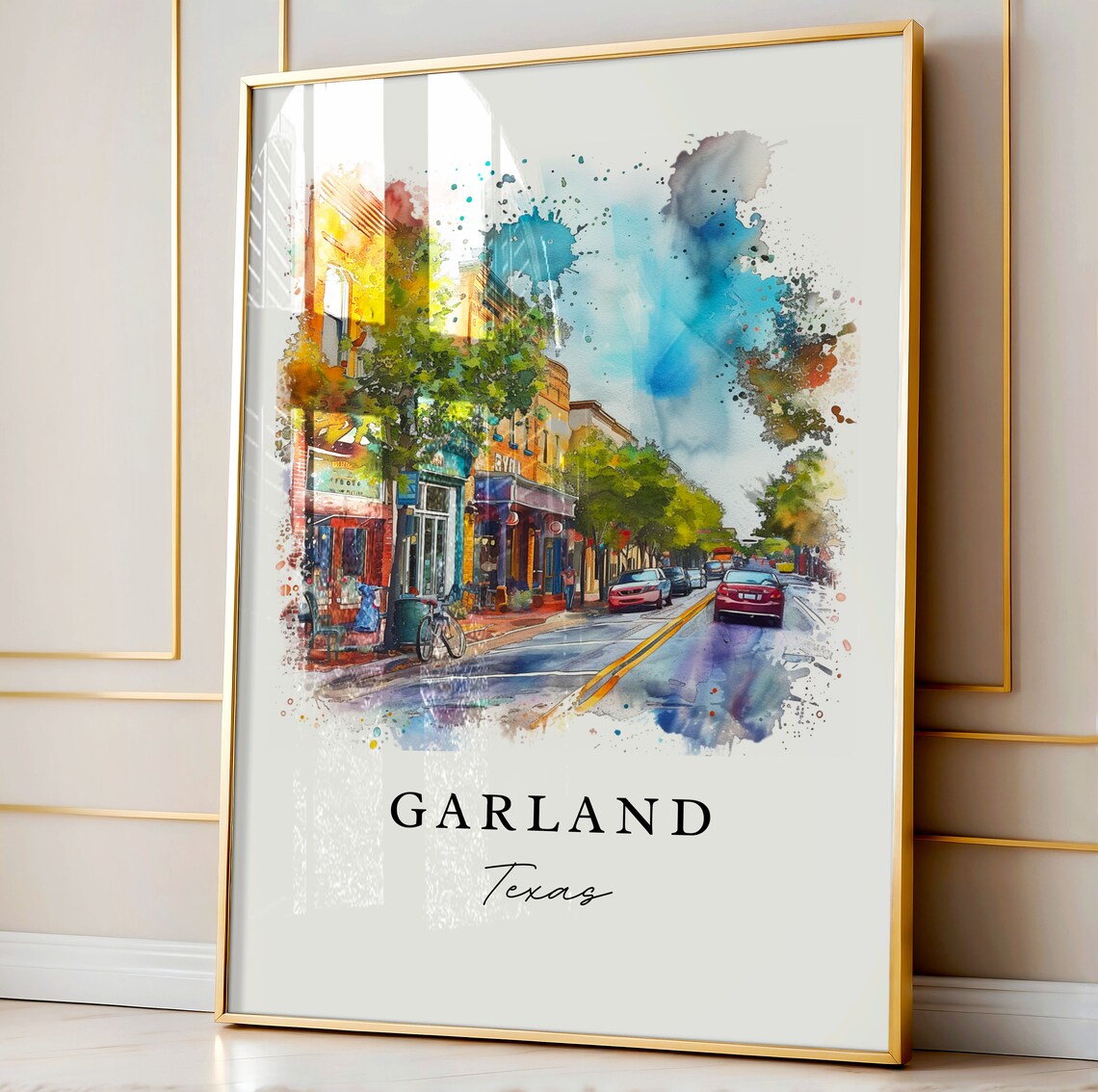 Garland Texas Watercolor Colorful Downtown Main Street Poster - Image 4