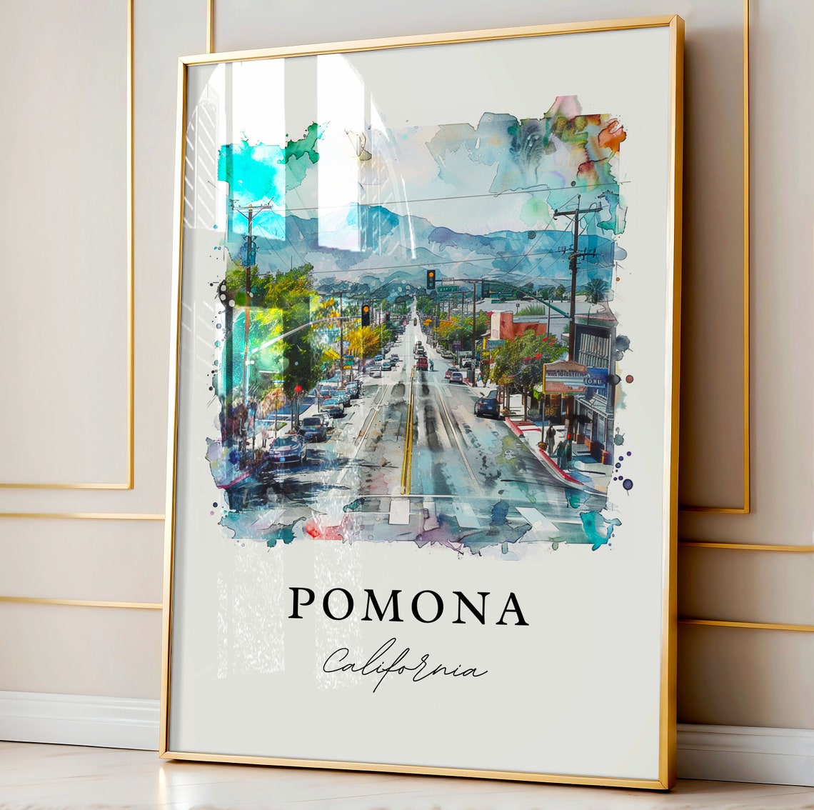 Pomona California Watercolor Downtown Street Mountain View Poster - Image 3