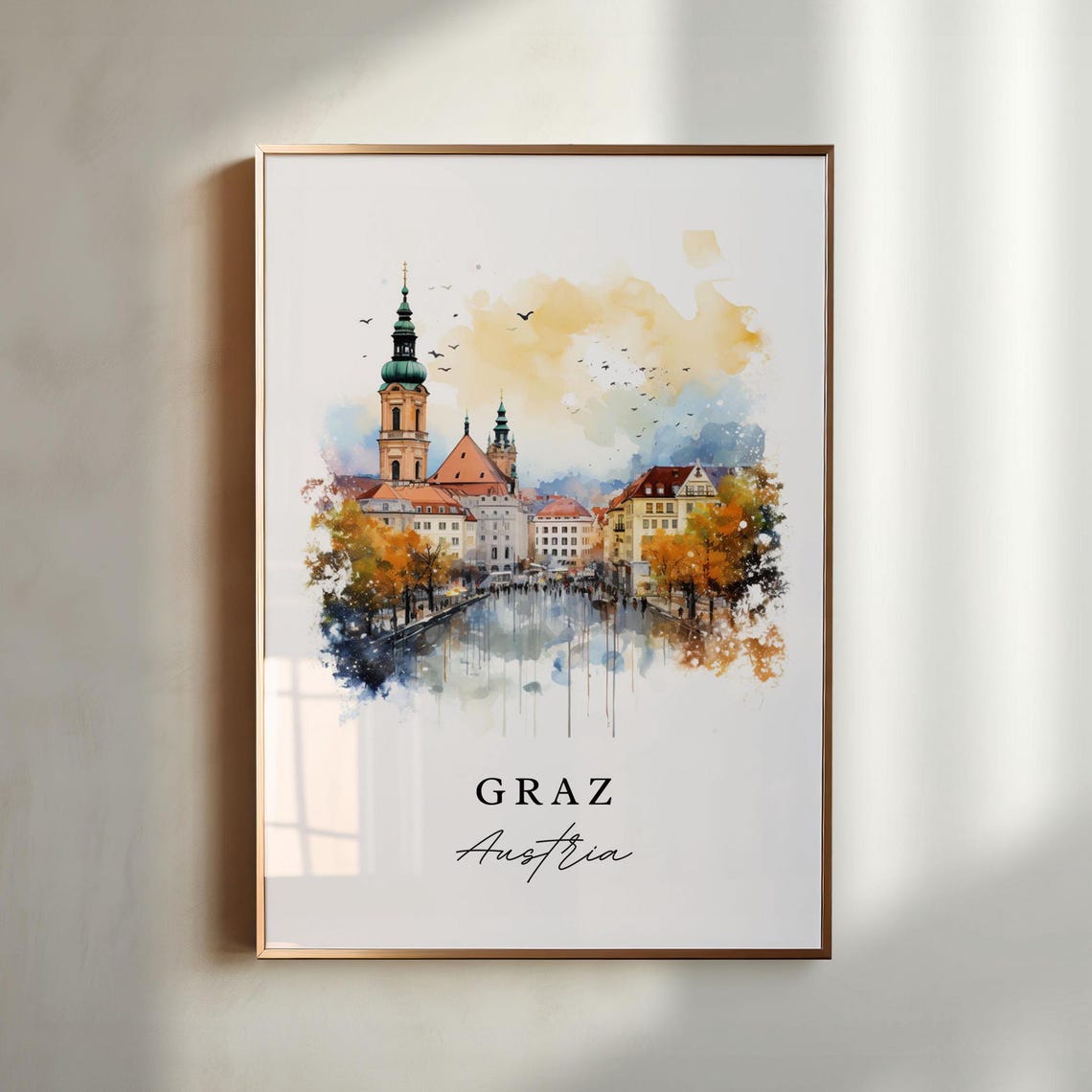 Graz Austria Autumn River Old Town Churches Watercolor Travel Poster
