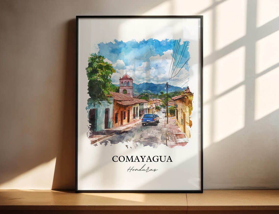 Comayagua Honduras Colonial Bell Tower Street Art Watercolor Poster