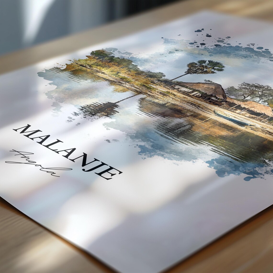 Malanje Angola Riverside Thatched Huts Palm Watercolor Poster - Image 6
