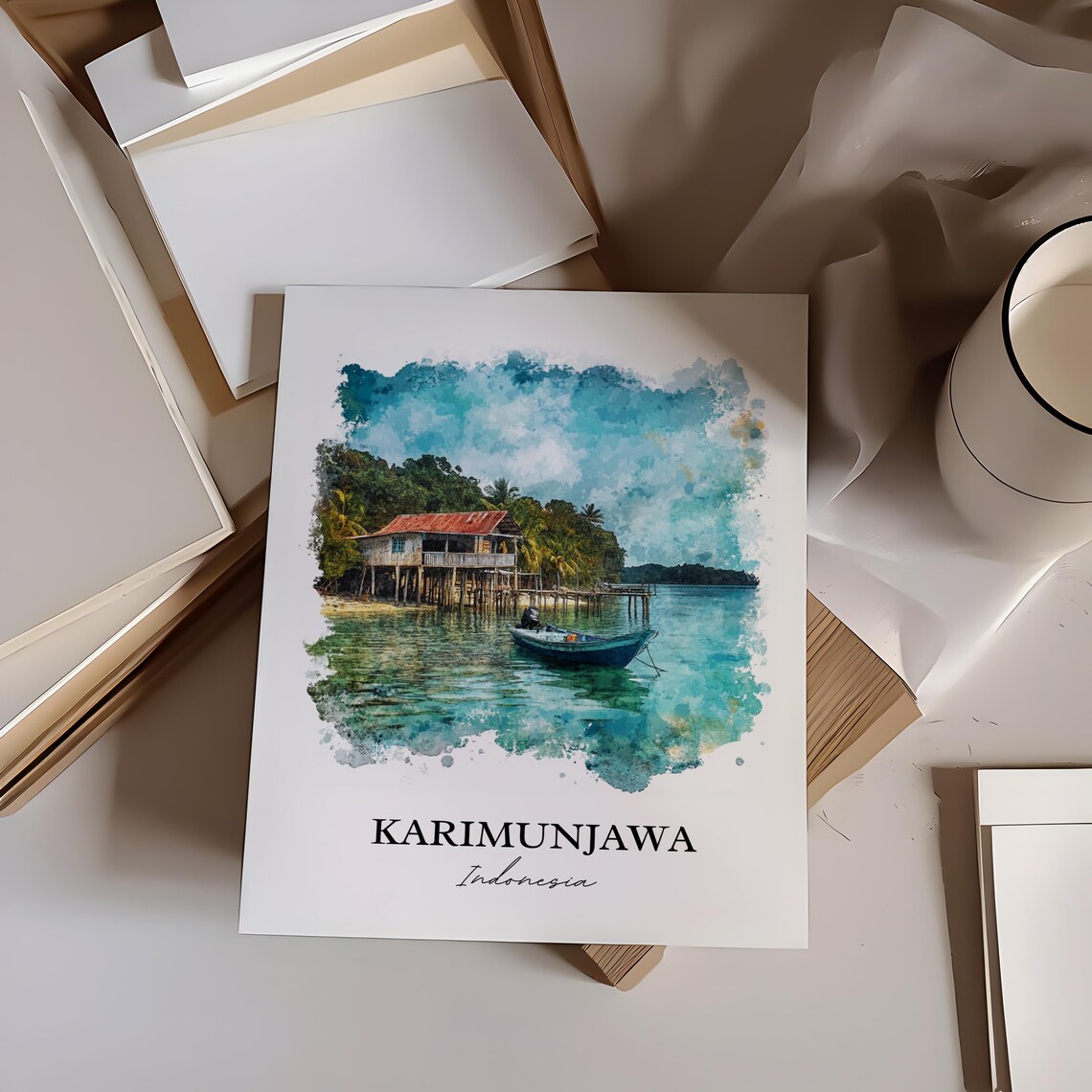 Karimunjawa Indonesia Watercolor Tropical Island Stilt House Poster - Image 3