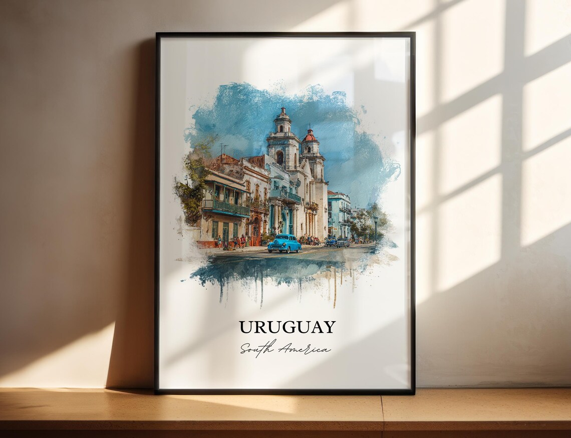 Uruguay South America Colonial Street Classic Cars Watercolor Poster