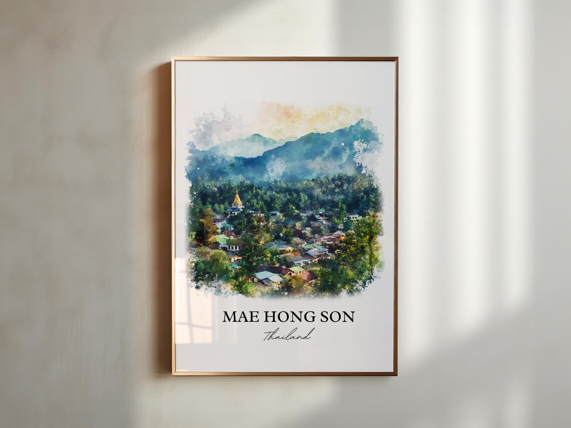 Mae Hong Son Thailand Watercolor Mountain Town Temple Art Poster - Image 4