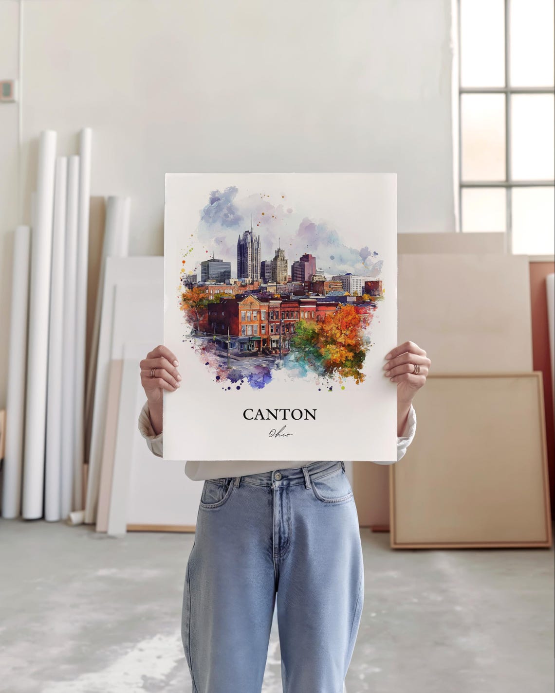 Canton Ohio Watercolor Fall Downtown City Skyline Scene Poster - Image 3