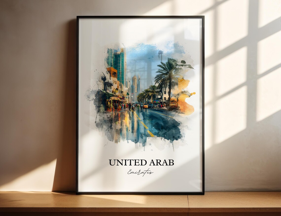 United Arab Emirates Watercolor Art Palm Avenue Skyline Poster