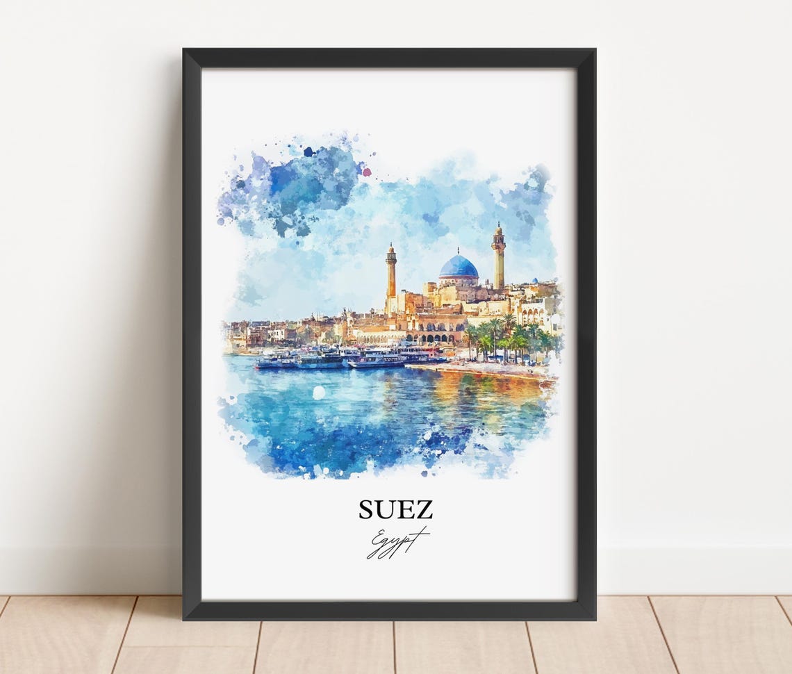 Suez Egypt Harbor Watercolor Mosque Skyline Travel Art Poster - Image 5
