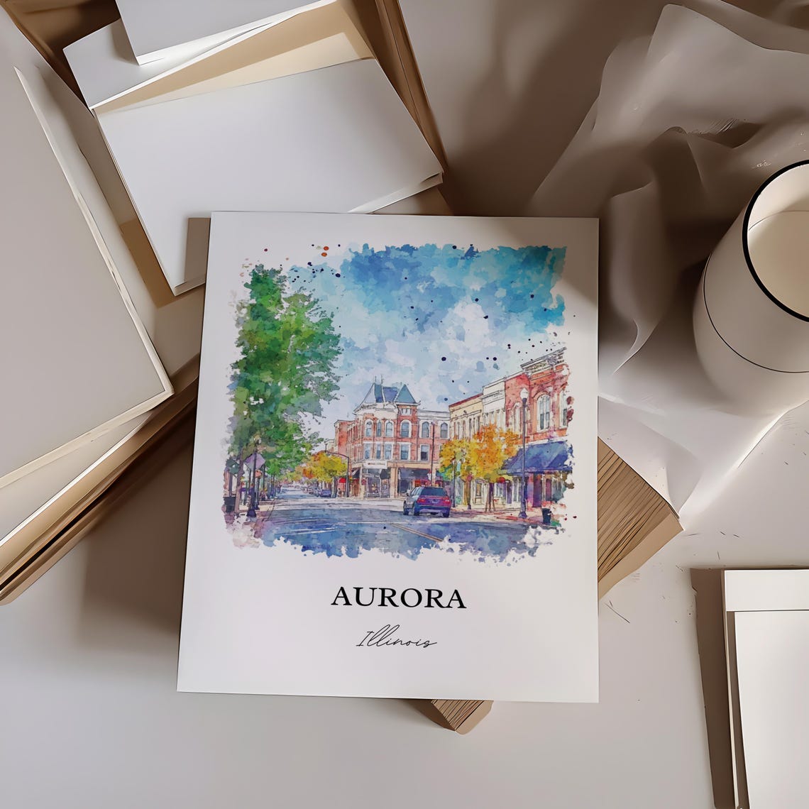 Aurora Illinois Historic Downtown Main Street Watercolor Travel Poster - Image 3