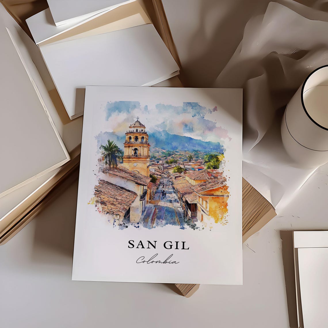San Gil Colombia Bell Tower Terracotta Roofs Watercolor Poster - Image 6