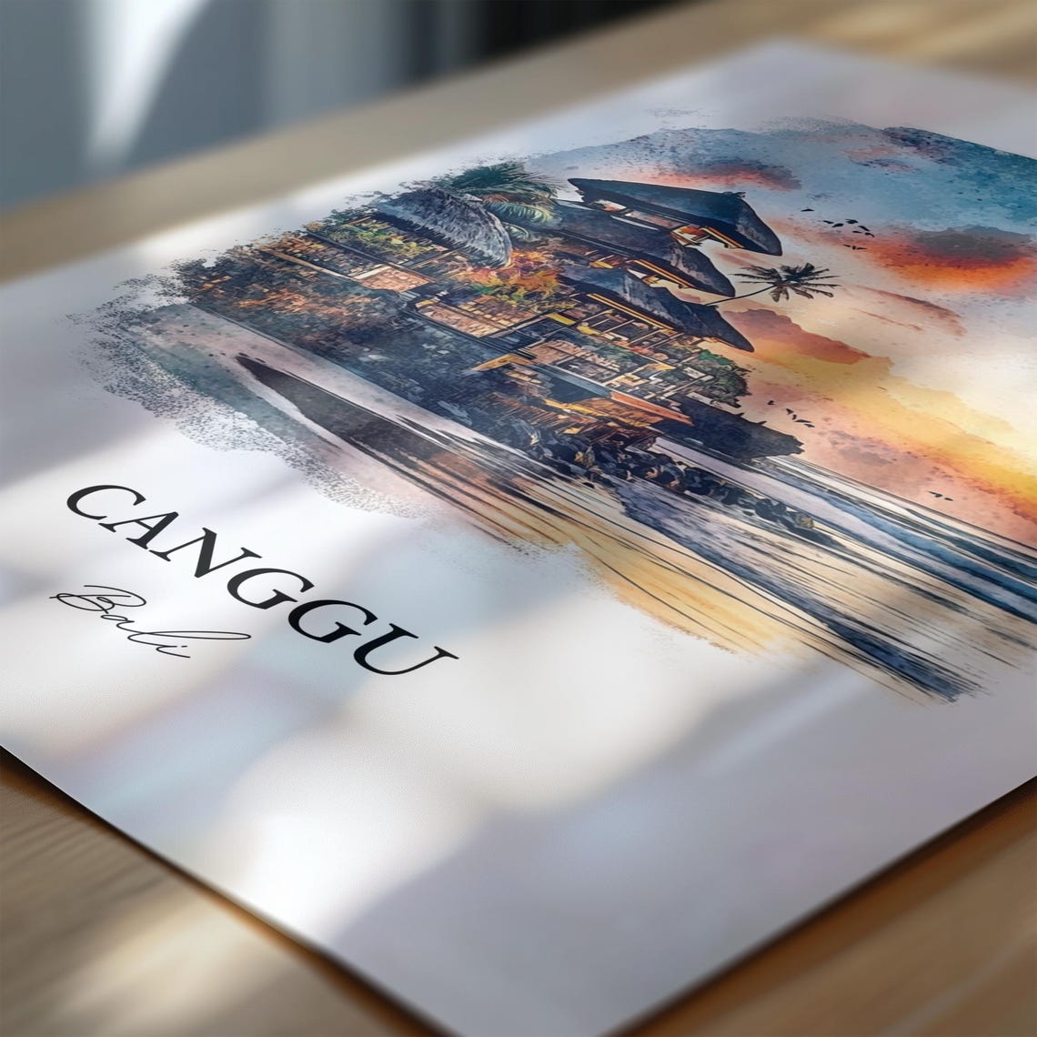 Canggu Bali Watercolor Sunset Beach Temple Golden Glow Poster - Image 7