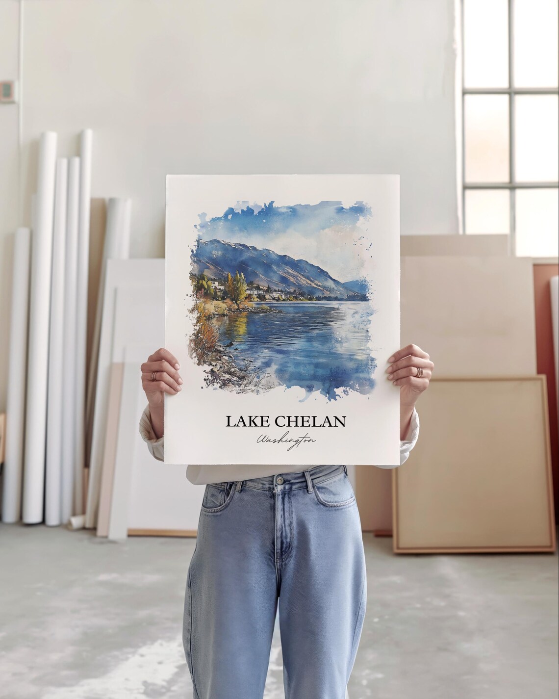 Lake Chelan Washington Watercolor Blue Lake Mountain Scene Poster - Image 2