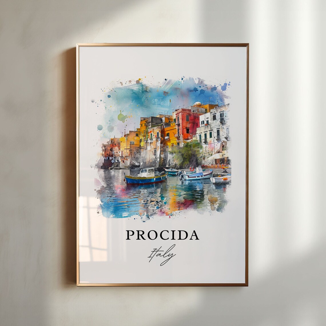 Procida Italy Colorful Harbor Boats Coast Watercolor Travel Poster