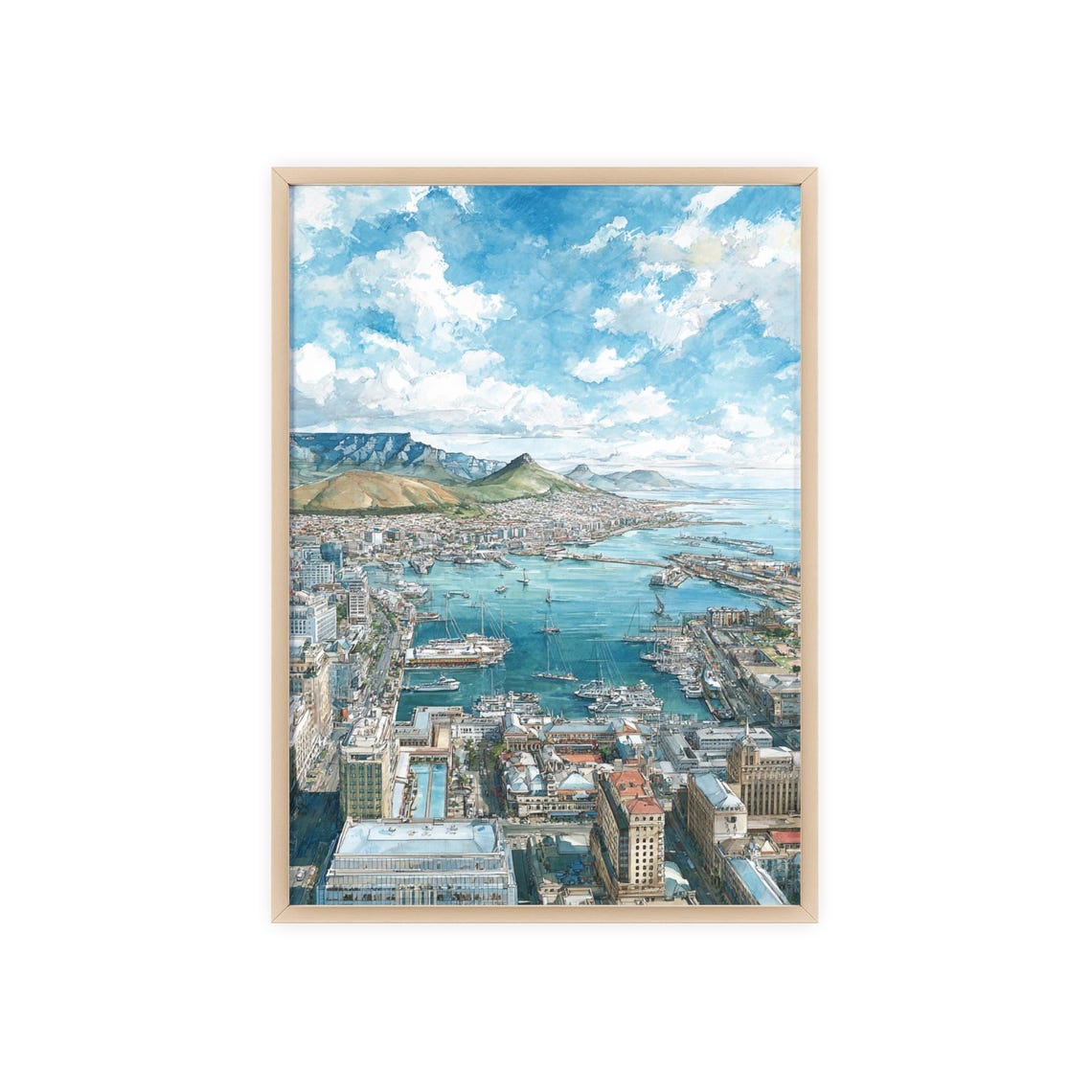 Cape Town South Africa Table Mountain Harbor Watercolor Poster