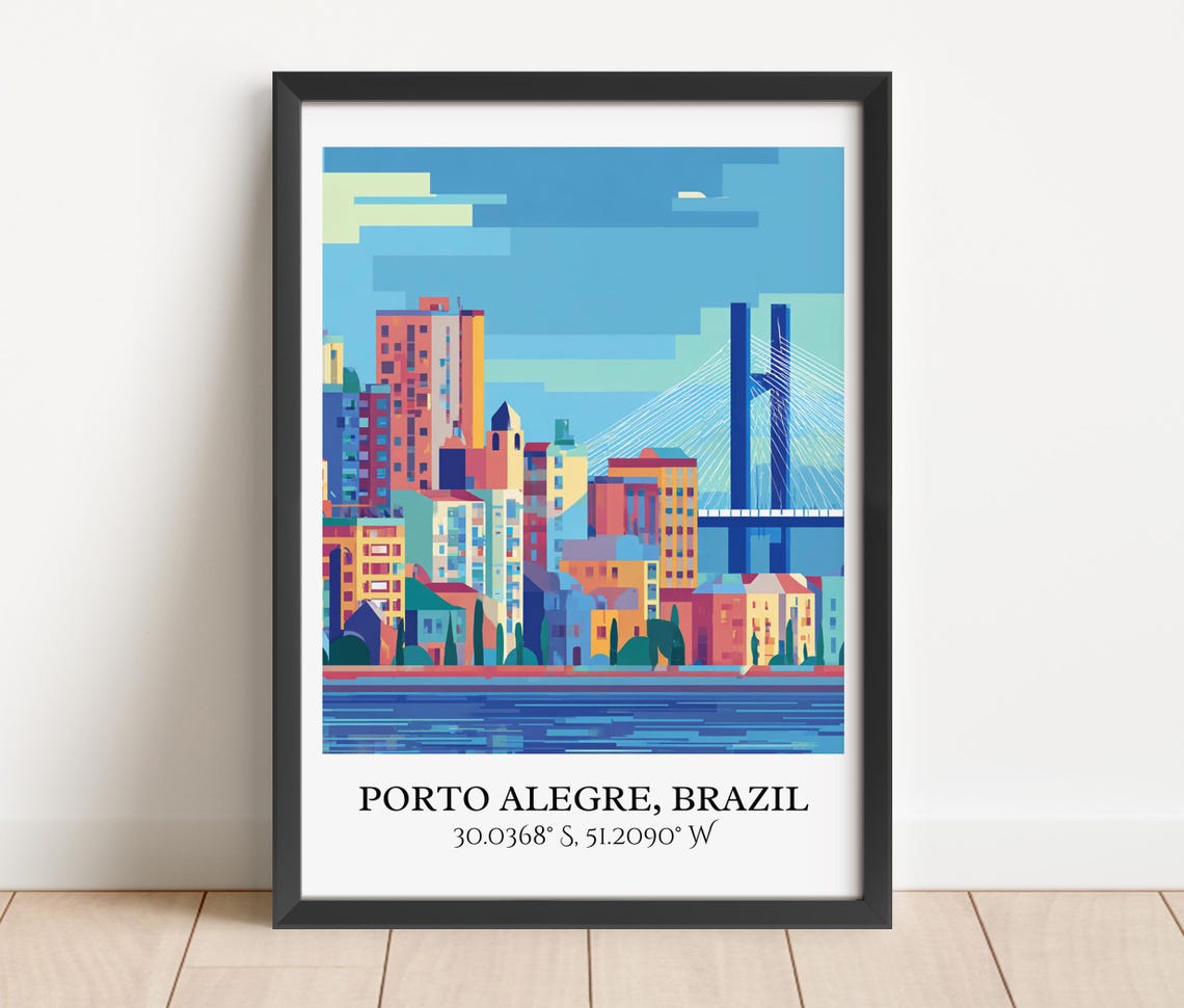 Porto Alegre Brazil Skyline Cable Stayed Bridge Retro Travel Poster - Image 4