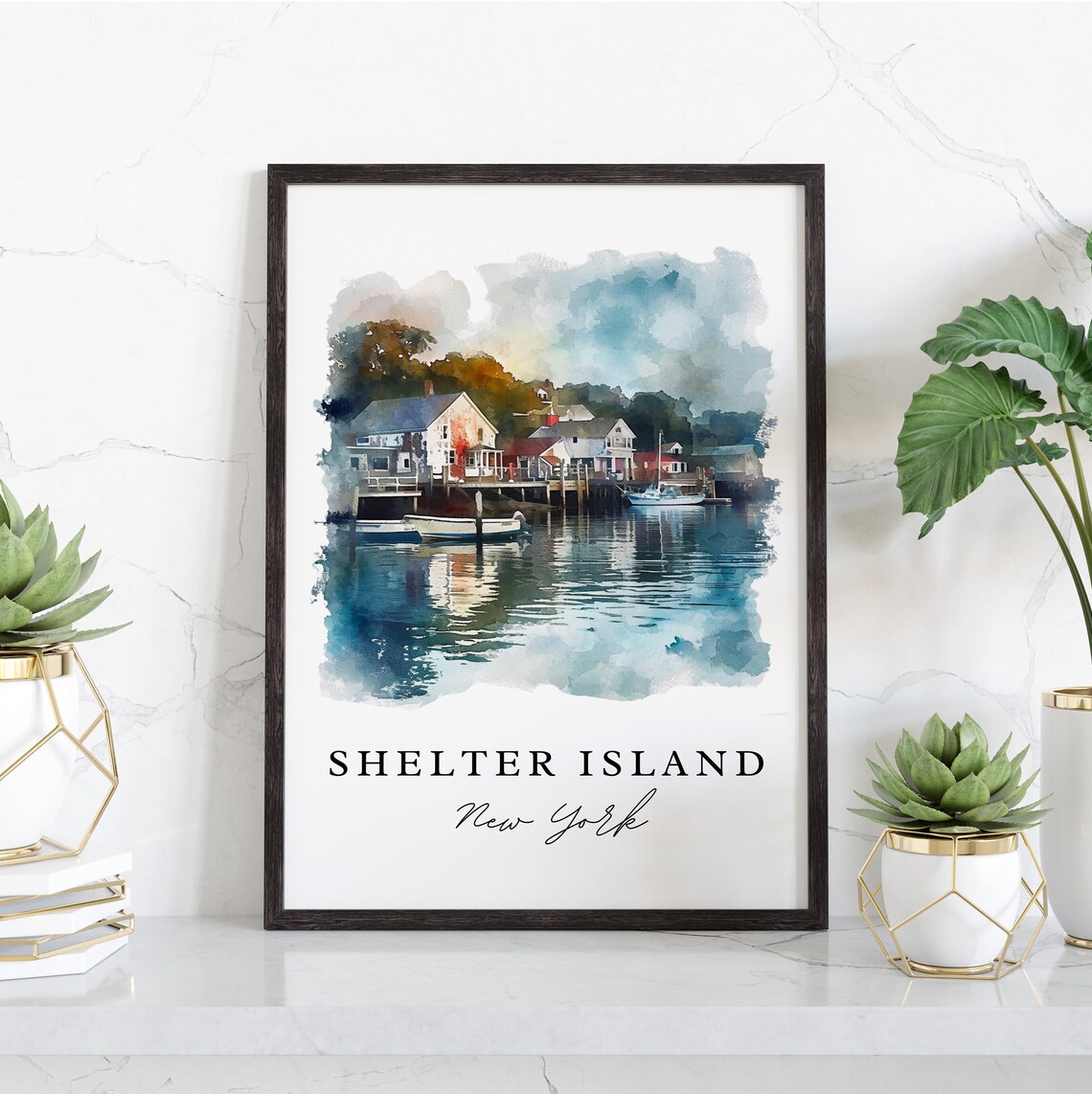 Shelter Island New York Watercolor Harbor Boats Waterfront Poster - Image 3