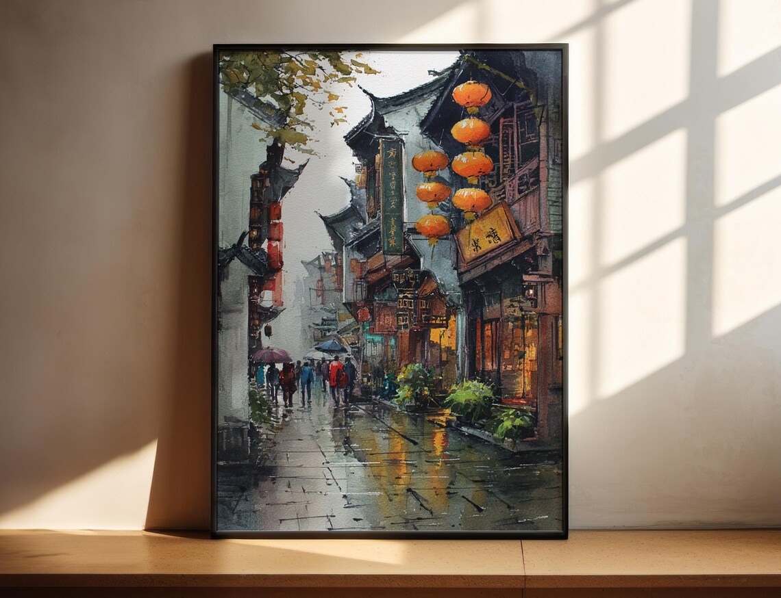 Chinese Old Street Red Lanterns Rainy Day Watercolor Travel Art Poster