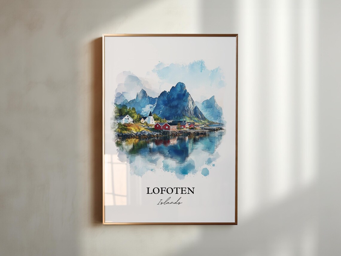 Lofoten Islands Norway Watercolor Red Cabins Scenic View Poster - Image 2