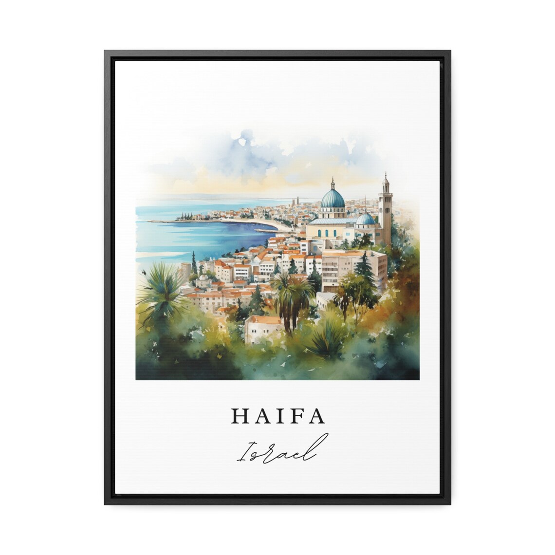 Haifa Israel Watercolor Blue Bay Coastal City View Travel Poster - Image 2