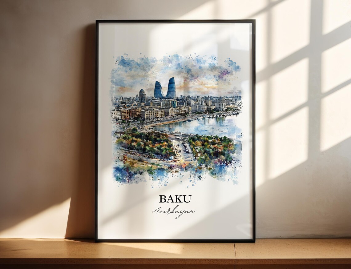 Baku Azerbaijan Bay Skyline Flame Towers Watercolor Travel Poster
