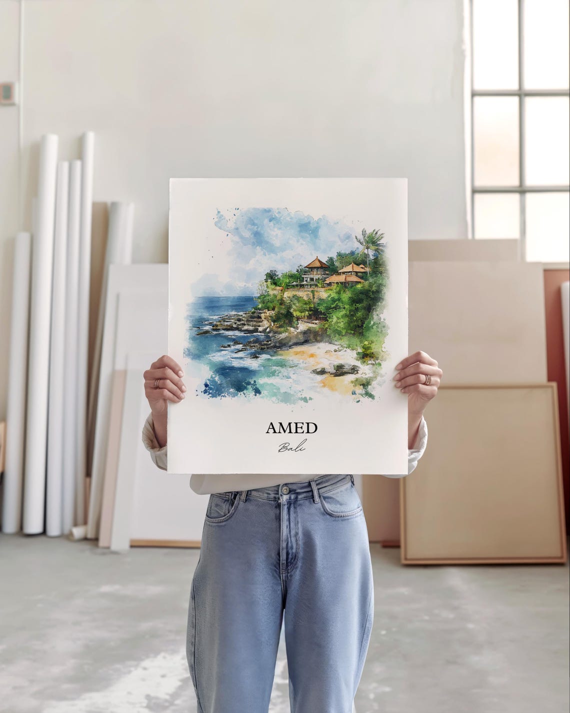 Amed Bali Watercolor Rocky Cove Cliffside Hills Ocean Poster - Image 3