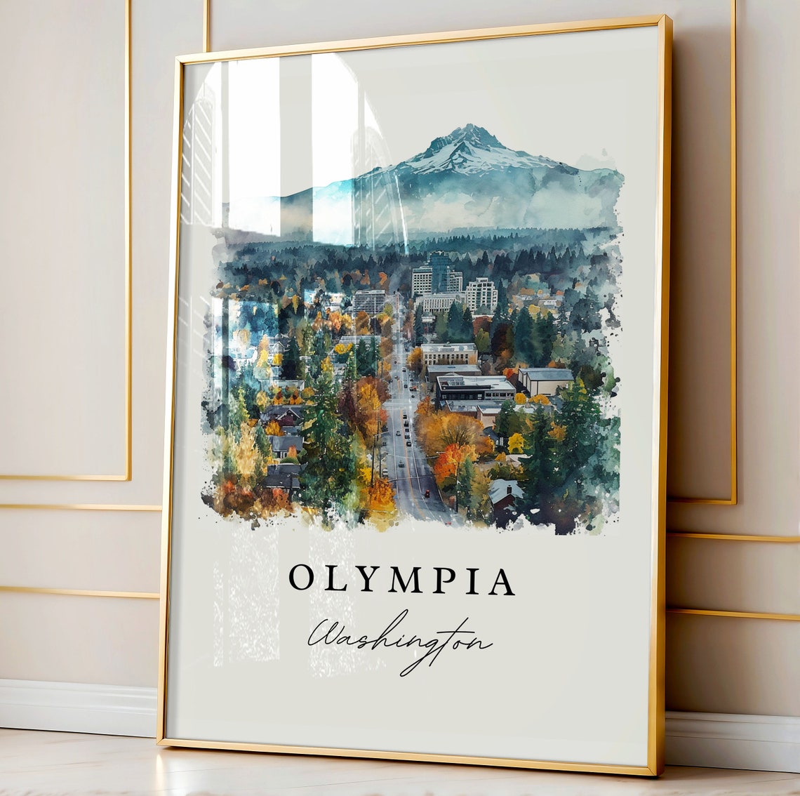 Olympia Washington Watercolor City Mountain Peak Evergreen View Poster - Image 4