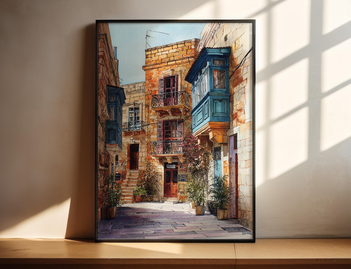 Gozo Malta Stone Alley Blue Balconies Watercolor Travel Poster