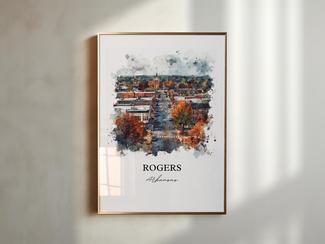 Rogers Arkansas Downtown Aerial Fall Watercolor Travel Poster - Image 4