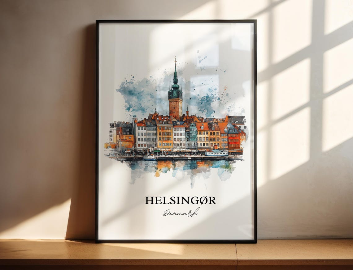 Helsingor Denmark Waterfront Old Town Spire Watercolor Poster