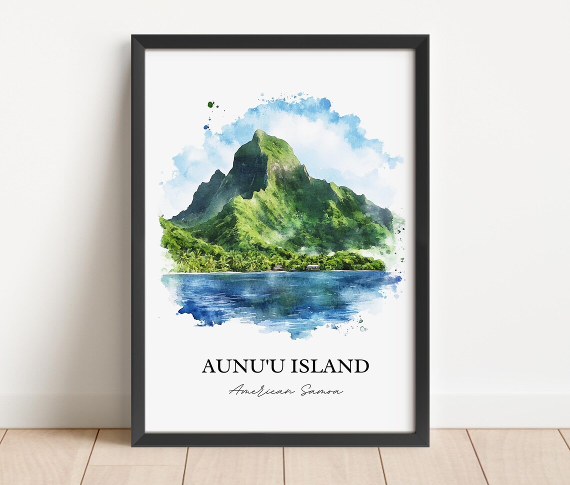 Aunuu Island American Samoa Volcanic Peak Lagoon Watercolor Poster - Image 4
