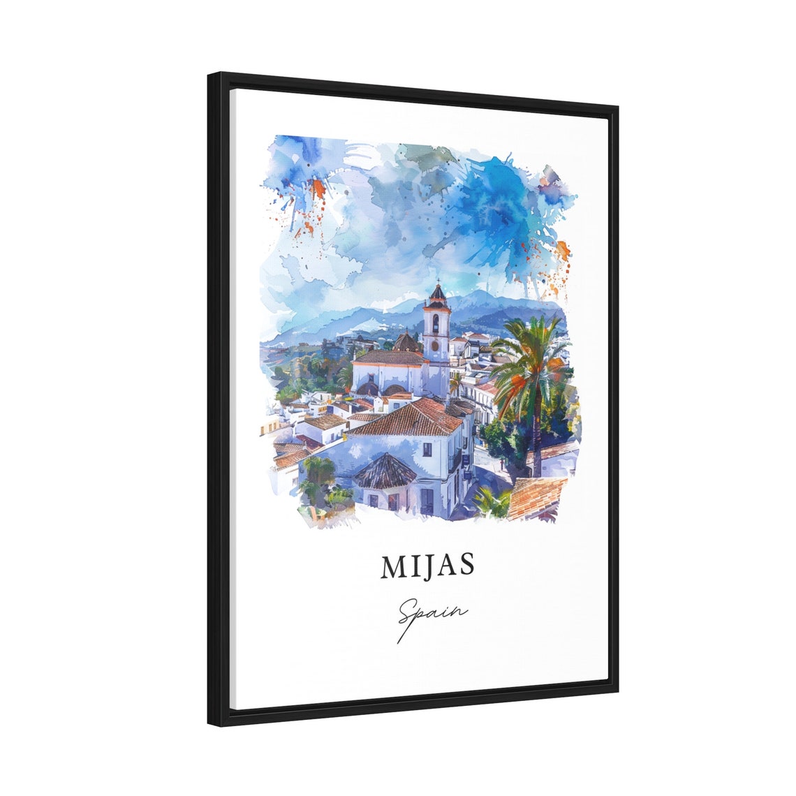 Mijas Spain Watercolor Whitewashed Village Church Palm Trees Poster - Image 2
