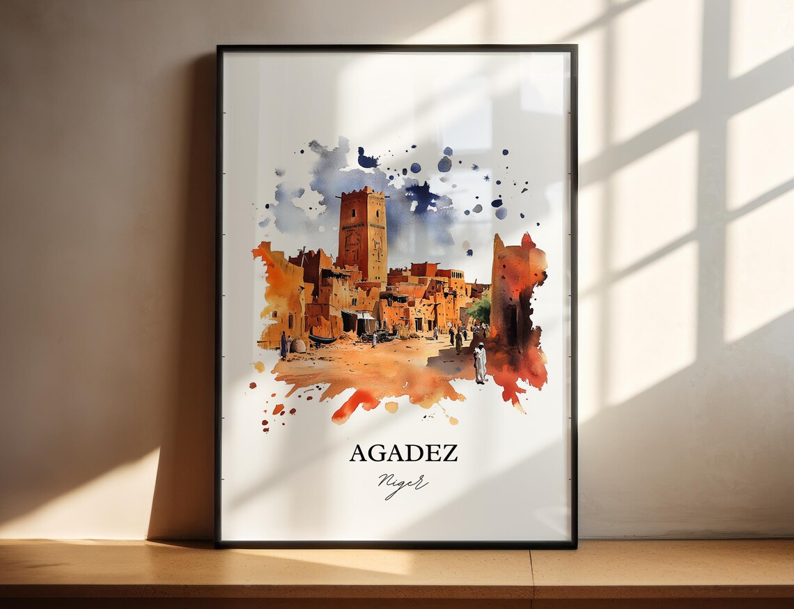 Agadez Niger Watercolor Desert Oasis Town Minaret Travel Poster