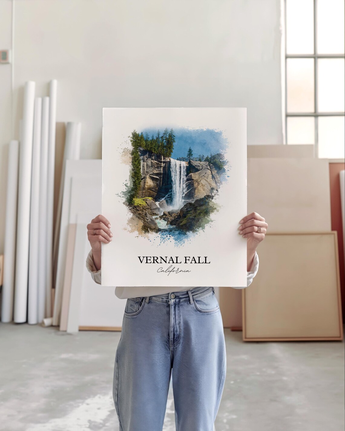 Vernal Fall California Granite Cliff Waterfall Watercolor Poster - Image 4