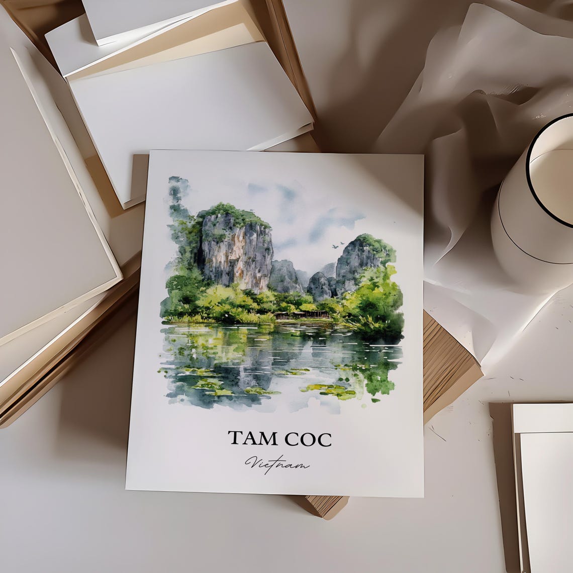 Tam Coc Vietnam Watercolor Limestone Karst River Landscape Poster - Image 4