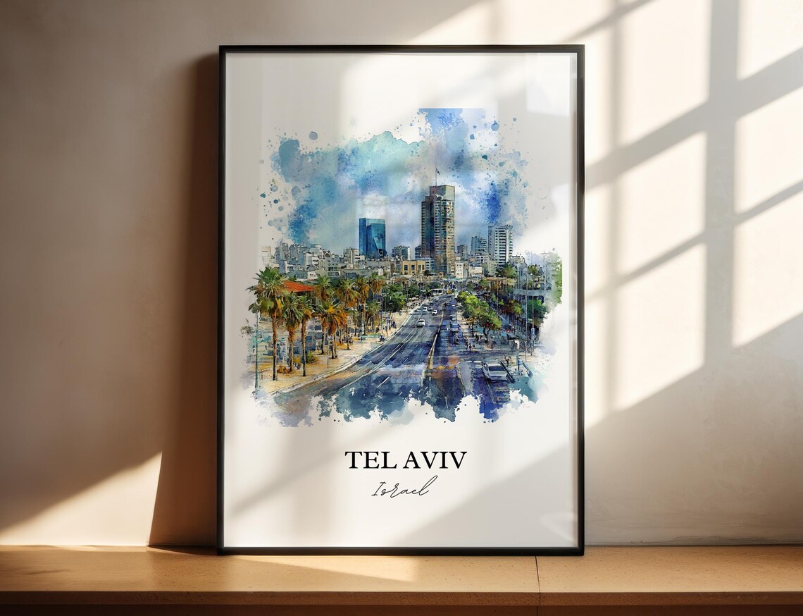 Tel Aviv Israel Watercolor Palm Avenue City Skyline Travel Poster
