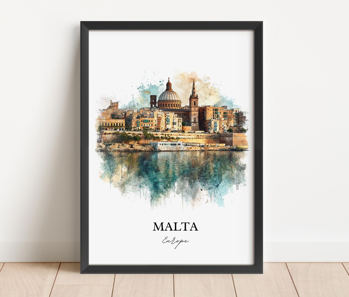 Malta Historic Harbor Skyline Watercolor Europe Travel Poster - Image 3