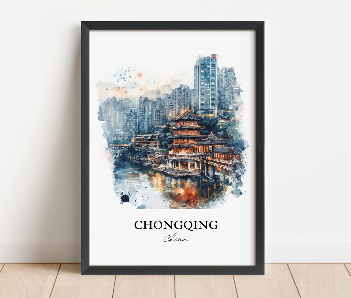 Chongqing China Watercolor Riverside Temple City Skyline Poster - Image 3