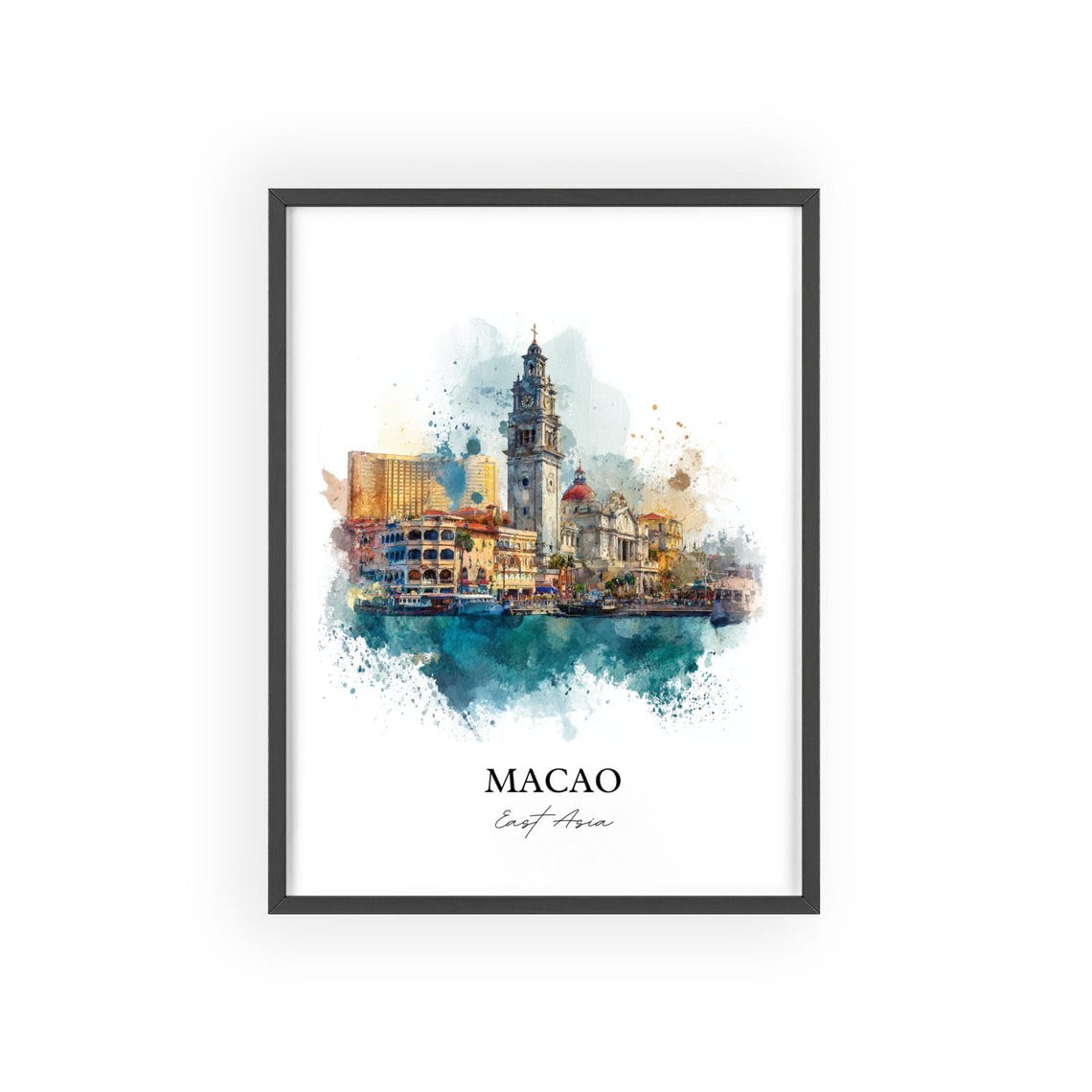 Macao East Asia Watercolor Historic Harbor Clock Tower Travel Poster - Image 2