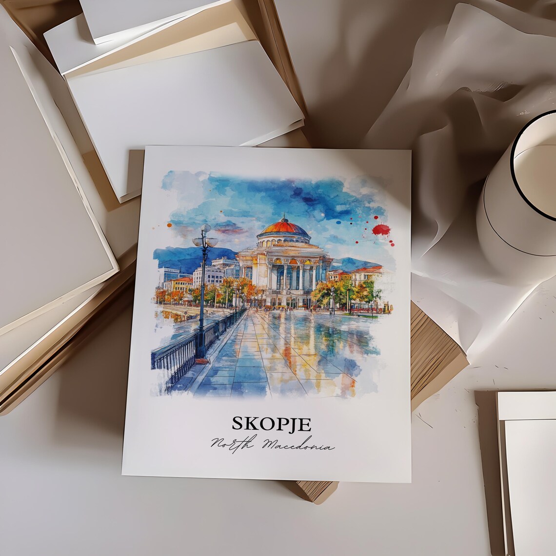 Skopje North Macedonia Watercolor Riverside Domed City Poster - Image 4