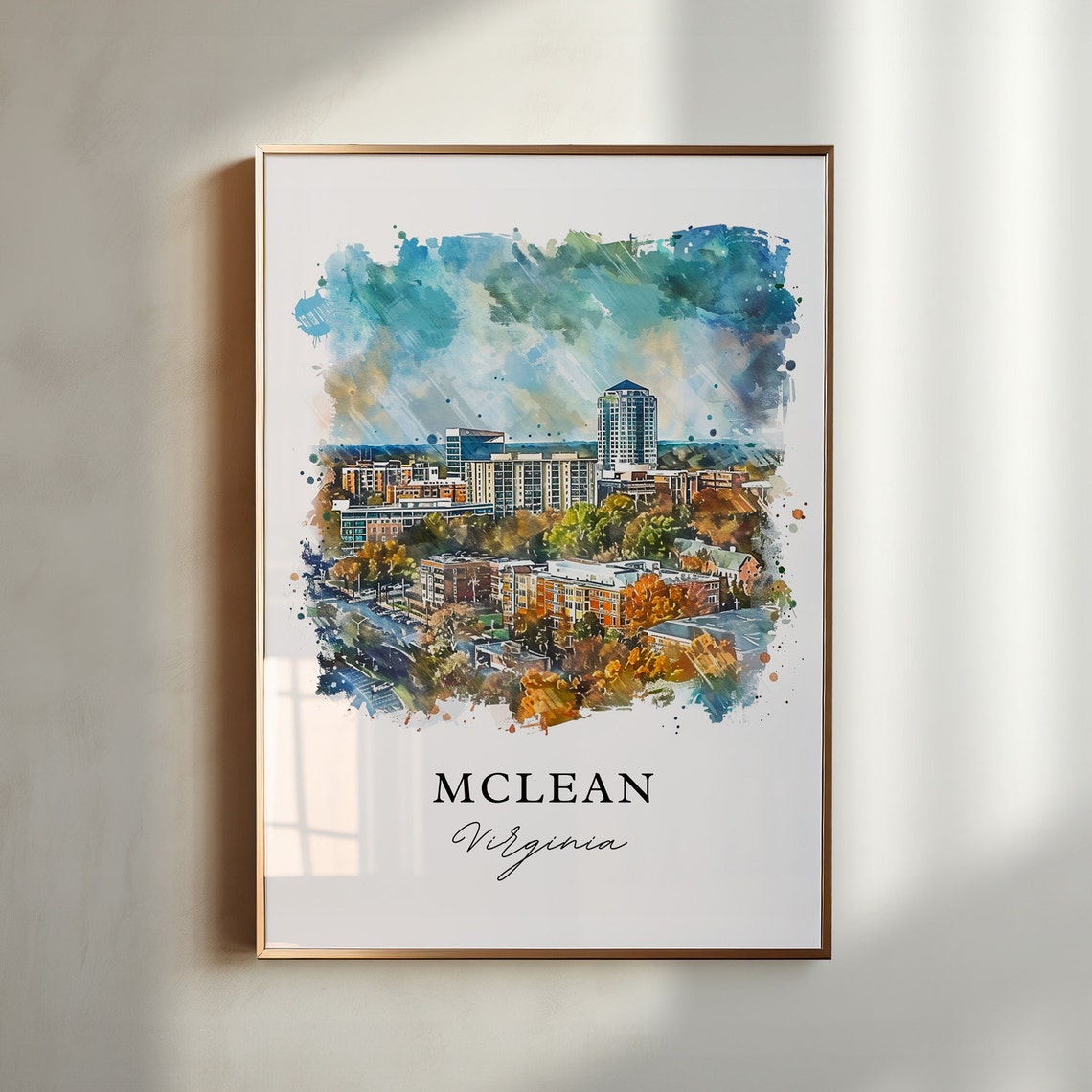 McLean Virginia Cityscape Watercolor Modern Skyline Travel Art Poster