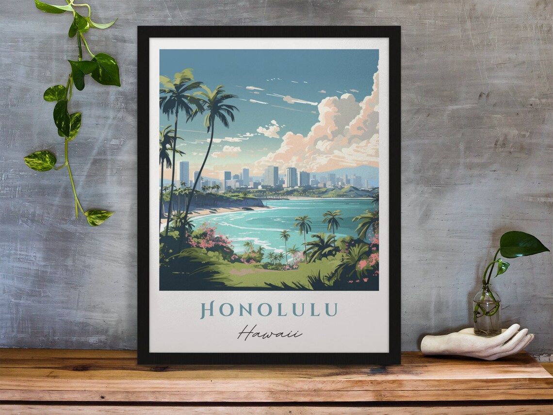 Honolulu Hawaii Vintage Travel Beach Palms City Skyline Poster
