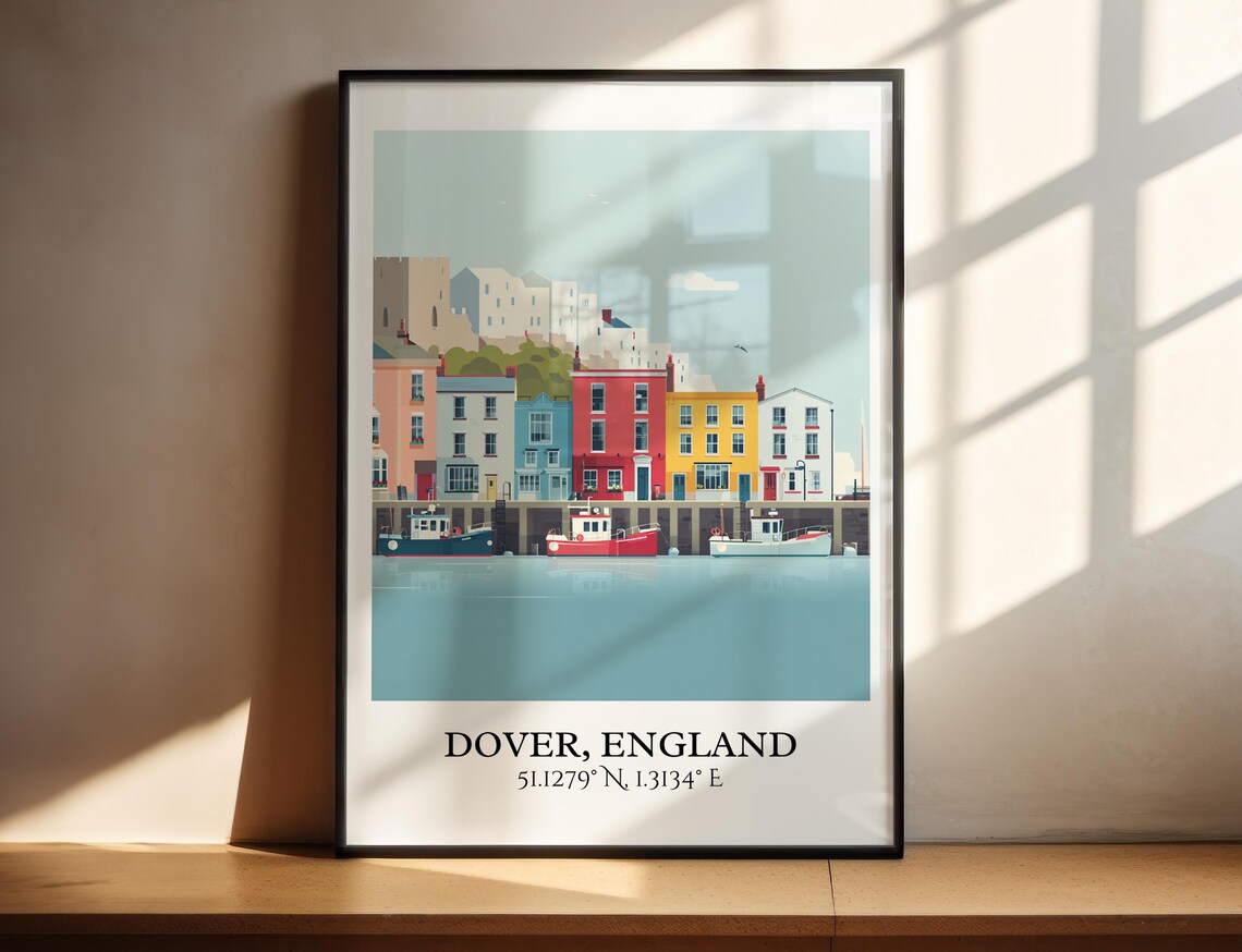 Dover England Harbor Colorful Houses Boats Retro Travel Art Poster