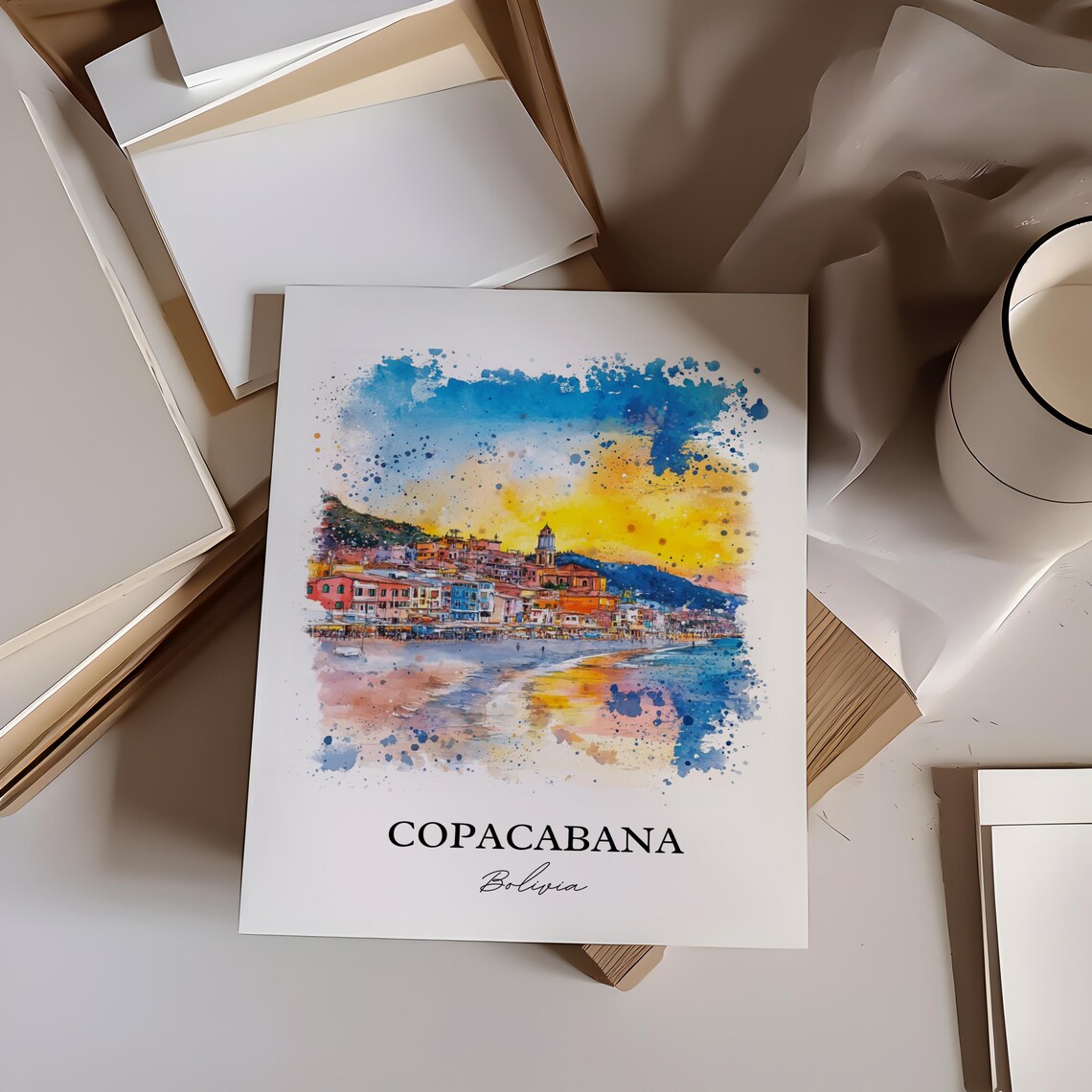 Copacabana Bolivia Lake Titicaca Watercolor Sunset Travel Poster - Image 2